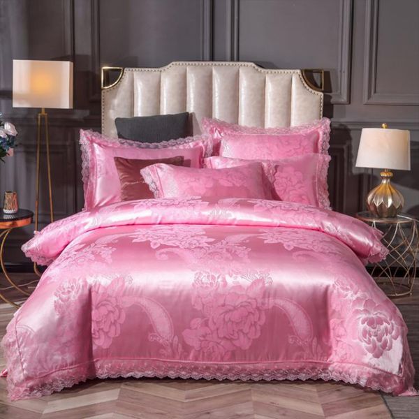 funbaky 4pcs/set satin jacquard pink silk bedding set duvet cover set bed linen linings wedding bedclothes home textile
funbaky 4pcs/set satin jacquard pink silk bedding set duvet cover set bed linen linings wedding bedclothes home textile
