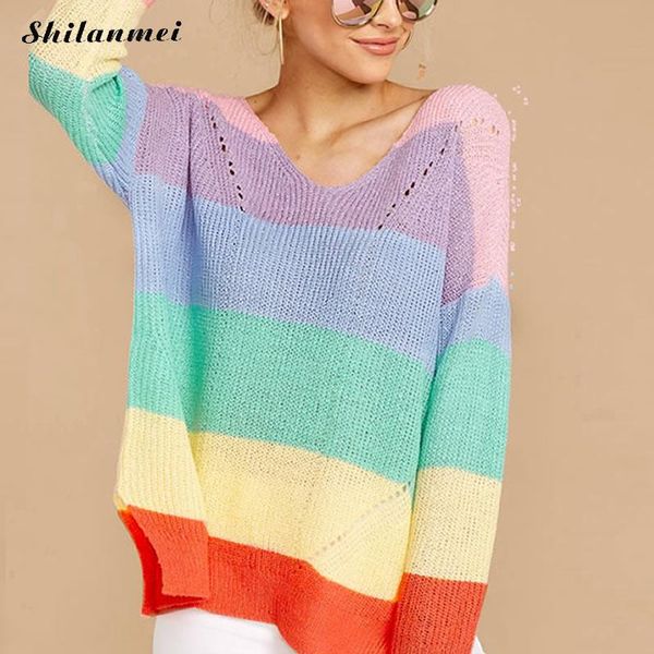 2019 new spring sweater women rainbow striped pullover v neck loose autumn cashmere knitted sweater female, White;black
2019 new spring sweater women rainbow striped pullover v neck loose autumn cashmere knitted sweater female, White;black