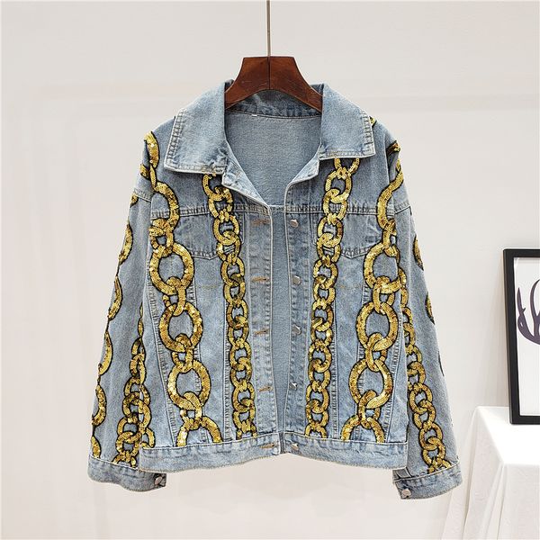 women's jackets 2021 vintage sequins chain denim jacket coat women casual loose jean outwear, Black;brown
women's jackets 2021 vintage sequins chain denim jacket coat women casual loose jean outwear, Black;brown