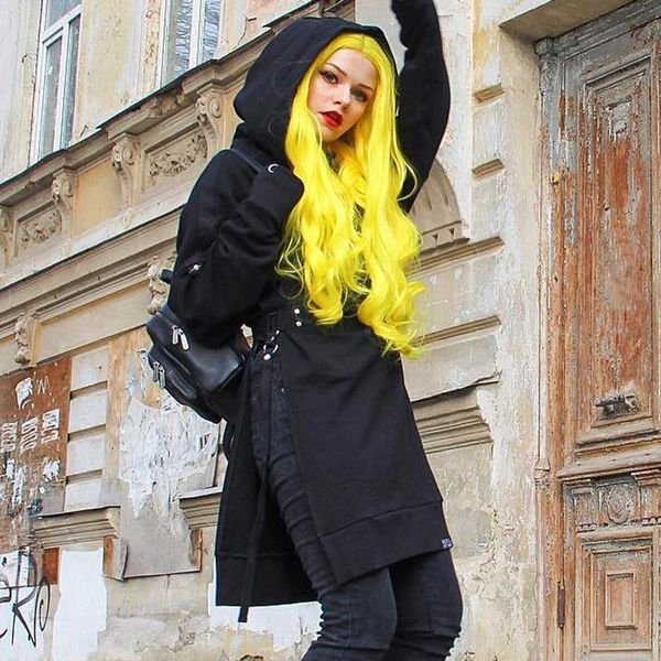 dark gothic hooded women medium long clothes open forked black long sleeved loose irregular jackets in autumn and winte 
dark gothic hooded women medium long clothes open forked black long sleeved loose irregular jackets in autumn and winte