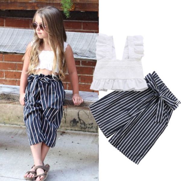 2pcs toddler kids baby girl lace crop sleeveless short shirt striped loose long pants outfits clothes set, White
2pcs toddler kids baby girl lace crop sleeveless short shirt striped loose long pants outfits clothes set, White