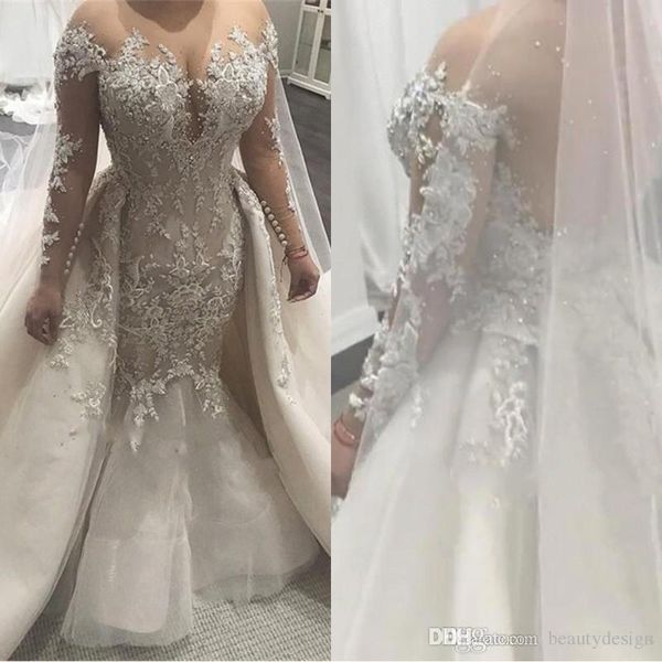 modest sheer neck mermaid wedding dresses with overskirts sheer 2019 bridal gowns vintage lace applique long sleeves plus size wedding dress, White
modest sheer neck mermaid wedding dresses with overskirts sheer 2019 bridal gowns vintage lace applique long sleeves plus size wedding dress, White