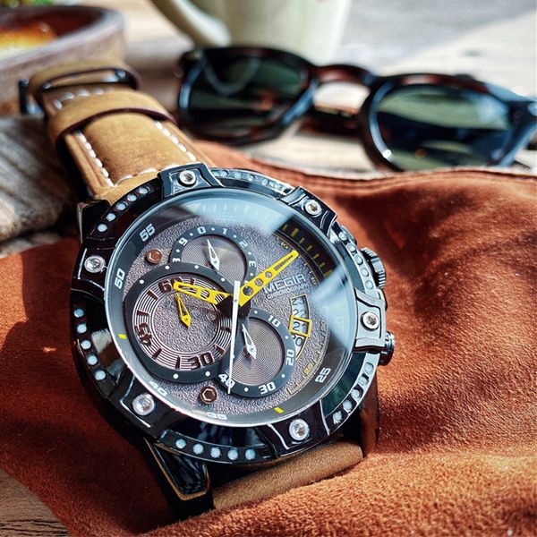 

megir men's watches wristwatch men fashion waterproof chronograph sport watch analog quartz clock reloj hombre, Slivery;brown