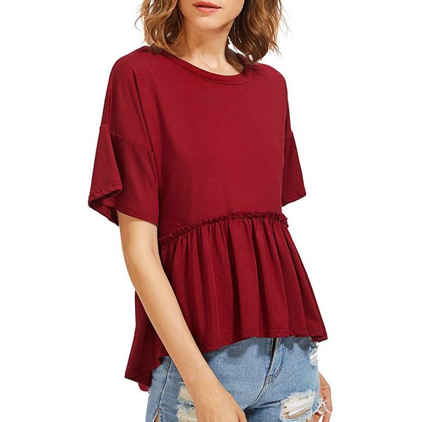 women's loose ruffle hem short sleeve o neck casual blouse casual summer clothing broadcloth polyester ladies blouses, White
women's loose ruffle hem short sleeve o neck casual blouse casual summer clothing broadcloth polyester ladies blouses, White