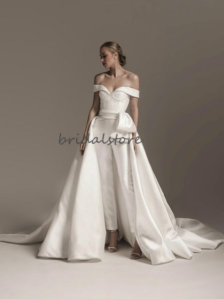 chic ivory jumpsuits wedding dresses with overskirts boho off shoulders satin bridal gowns beading sweep train country hochzeitskleider 2020, White
chic ivory jumpsuits wedding dresses with overskirts boho off shoulders satin bridal gowns beading sweep train country hochzeitskleider 2020, White