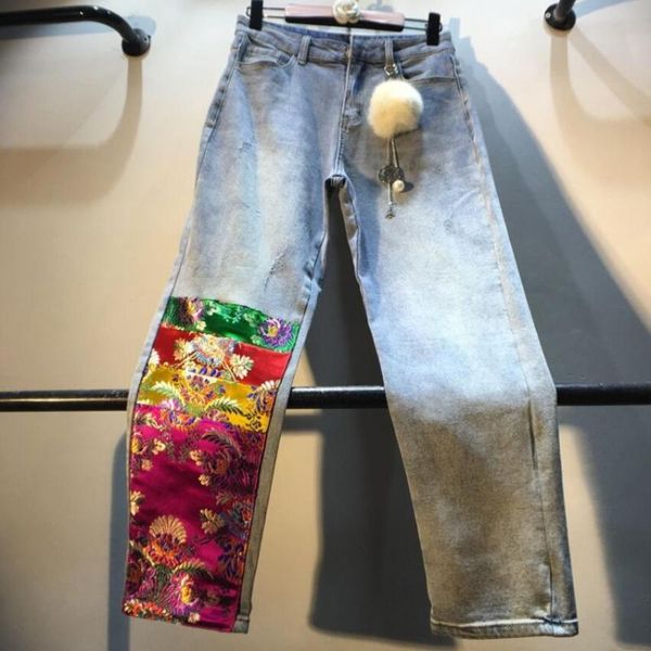 new fashion spring autumn stitching embroidered satin high waist slim straight jeans women's pants retro denim pants, Blue
new fashion spring autumn stitching embroidered satin high waist slim straight jeans women's pants retro denim pants, Blue