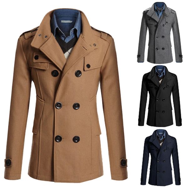 men winter warm trench woolen coat slim fit casual reefer jackets solid stand collar double breasted peacoat parka u71509, Black
men winter warm trench woolen coat slim fit casual reefer jackets solid stand collar double breasted peacoat parka u71509, Black