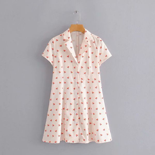 western style women's dress 2019 summer new style suit collar cherry printed short-sleeve dress, White;black
western style women's dress 2019 summer new style suit collar cherry printed short-sleeve dress, White;black