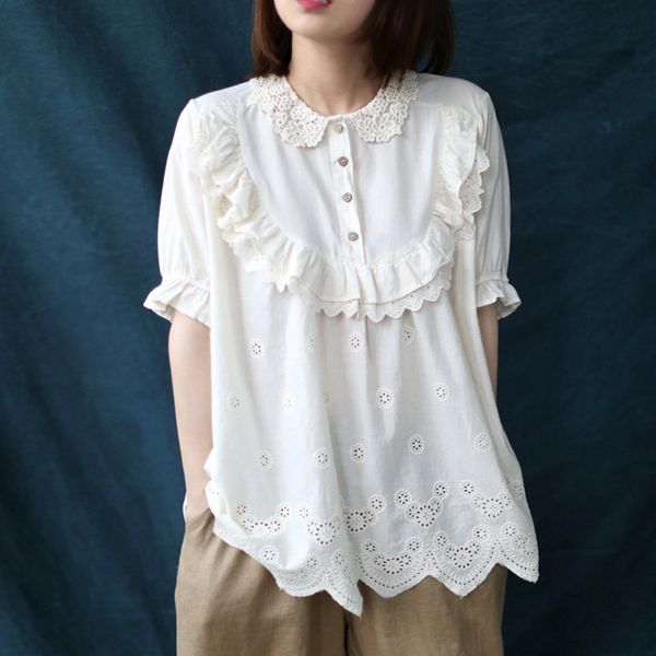 women's blouses & shirts literary arts retro lace hook flower stitching thin section cotton shirt female short-sleeved ou songxia 2021, White
women's blouses & shirts literary arts retro lace hook flower stitching thin section cotton shirt female short-sleeved ou songxia 2021, White