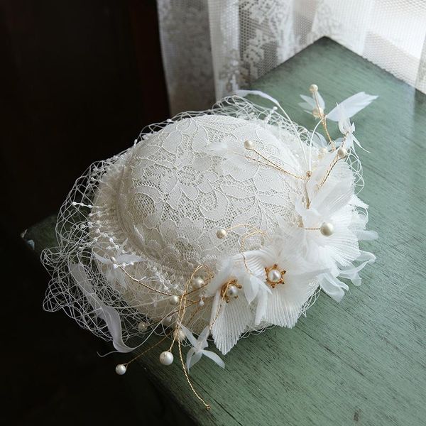 french retro elegant lace pearls flower wedding hat studio bride styling forest travel ins headdress nzqfa, White
french retro elegant lace pearls flower wedding hat studio bride styling forest travel ins headdress nzqfa, White