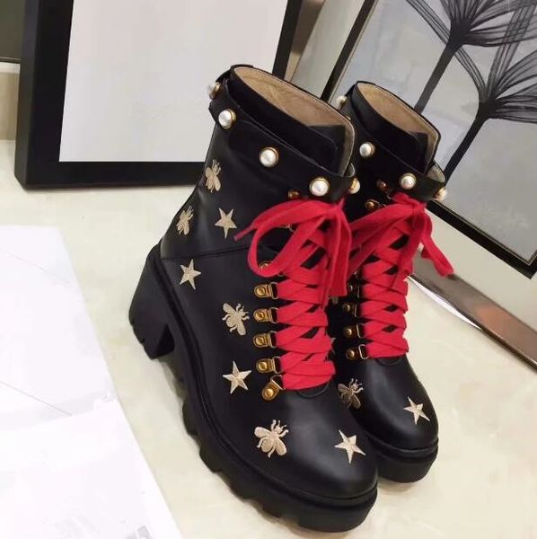 ladies short boots cowhide classic designer luxury lace bee women shoes high heeled boots metal fashion pearl martin boots ing, Black
ladies short boots cowhide classic designer luxury lace bee women shoes high heeled boots metal fashion pearl martin boots ing, Black