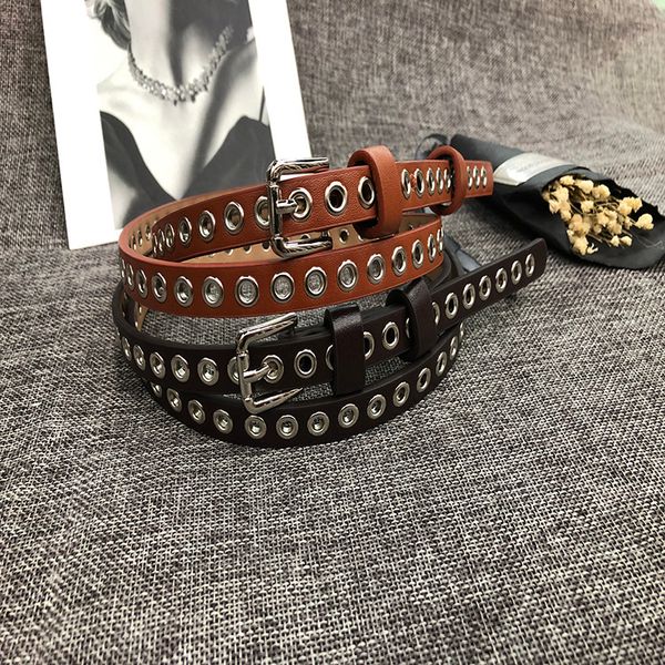 

women waist belt hollow rivets pu leather strap for womens slim waistband female ladies apparel accessories 2019 new strap, Black;brown