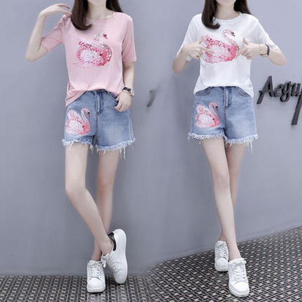 short sleeve t-shirts sequin denim shorts two piece set tassel women sets clothes swan lovely cartoon summer set woman korean, White
short sleeve t-shirts sequin denim shorts two piece set tassel women sets clothes swan lovely cartoon summer set woman korean, White