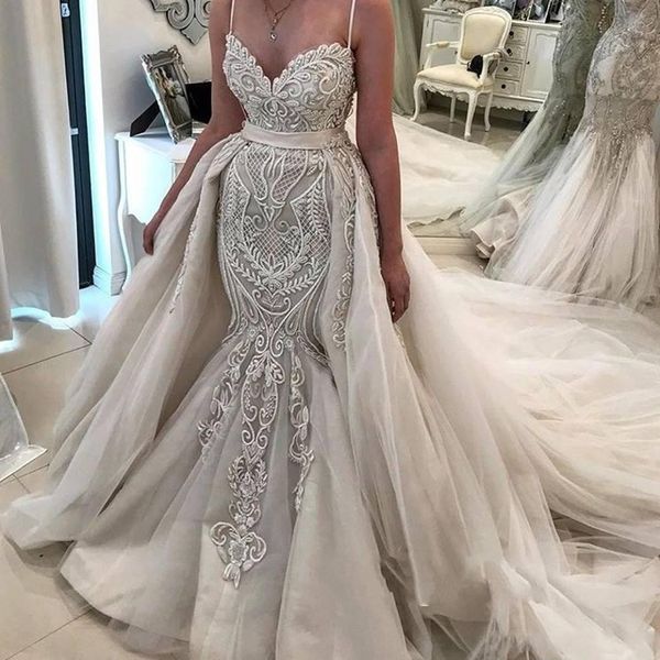 2019 mermaid wedding dresses spaghetti straps lace appliques tulle plus size backless detachable train formal plus size bridal gowns, White
2019 mermaid wedding dresses spaghetti straps lace appliques tulle plus size backless detachable train formal plus size bridal gowns, White