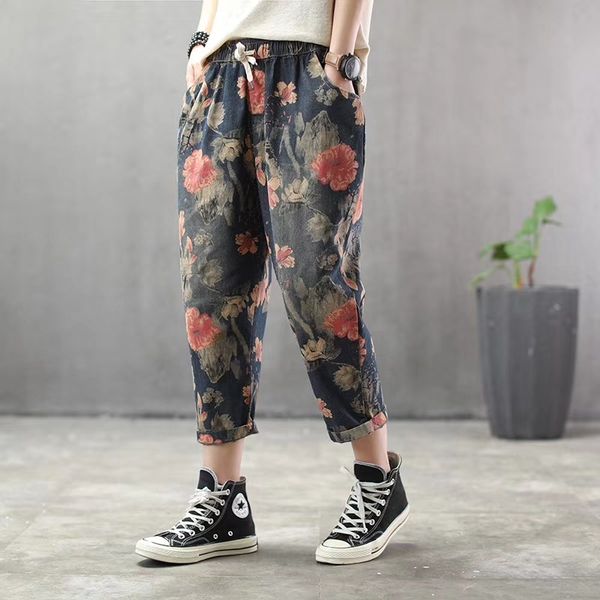 summer jeans women retro loose denim pants 2019 new female elastic waist bowtie pocket print flower vintage denim trousers, Blue
summer jeans women retro loose denim pants 2019 new female elastic waist bowtie pocket print flower vintage denim trousers, Blue