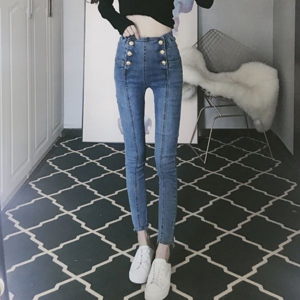 2020 autumn new womens high waist slim jeans fashion ageing design double breasted pencil leggings, Blue
2020 autumn new womens high waist slim jeans fashion ageing design double breasted pencil leggings, Blue