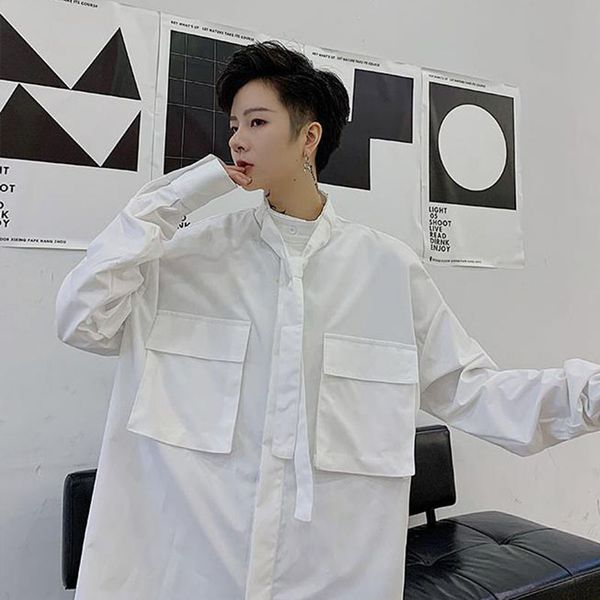 men stand collar tie long sleeve casual shirt male fashion retro dress shirts, White;black
men stand collar tie long sleeve casual shirt male fashion retro dress shirts, White;black