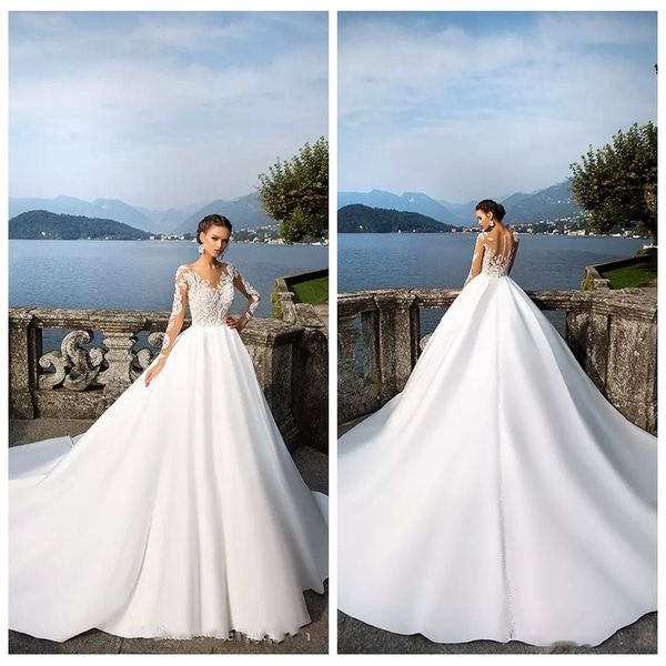 2019 sheer long sleeves lace appliques a-line wedding dresses garden long bridal gowns satin chapel train garden vestidos de marriage cheap, White
2019 sheer long sleeves lace appliques a-line wedding dresses garden long bridal gowns satin chapel train garden vestidos de marriage cheap, White