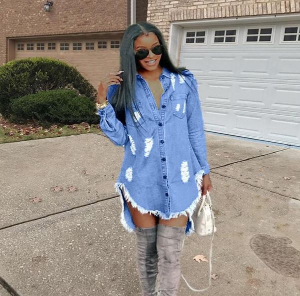 long sleeve turn down collar women hiphop denim blue jean shirt dress spring autumn ripped jeans tassel irregular dresses, Black;gray
long sleeve turn down collar women hiphop denim blue jean shirt dress spring autumn ripped jeans tassel irregular dresses, Black;gray