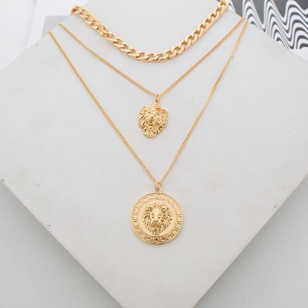 punk style statement metal gold color chain multi layer necklaces lion pattern round coin pendant necklace for women party 2019, Silver
punk style statement metal gold color chain multi layer necklaces lion pattern round coin pendant necklace for women party 2019, Silver