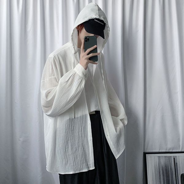 men long sleeve casual sunscreen hooded shirt male fashion loose shirt coat outerwear, White;black
men long sleeve casual sunscreen hooded shirt male fashion loose shirt coat outerwear, White;black