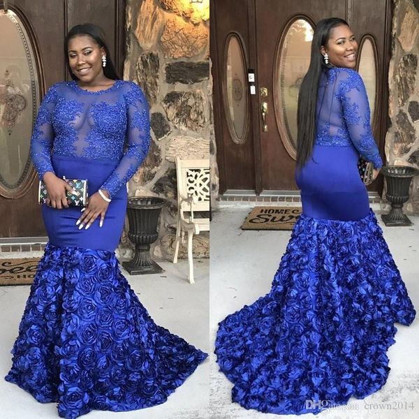 elegant royal blue mermaid prom dresses sheer long sleeves illusion plus size applique beading 3d flowers long party evening gowns, Black
elegant royal blue mermaid prom dresses sheer long sleeves illusion plus size applique beading 3d flowers long party evening gowns, Black