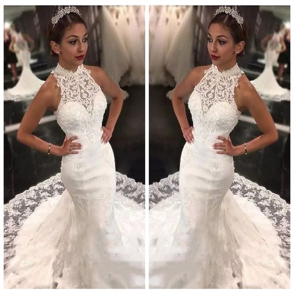 2020 high neck slim mermaid lace wedding dresses sleeveless custom bridal gowns formal long robe de mariee, White
2020 high neck slim mermaid lace wedding dresses sleeveless custom bridal gowns formal long robe de mariee, White