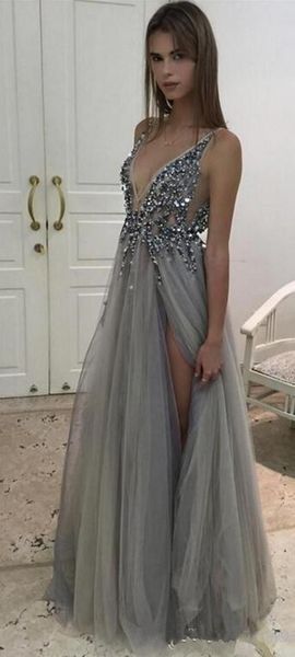 2019 new deep v neck sheer straps sequins beaded tulle split backless celebrity dresses long prom dresses silver gray evening dresses, Black;red
2019 new deep v neck sheer straps sequins beaded tulle split backless celebrity dresses long prom dresses silver gray evening dresses, Black;red