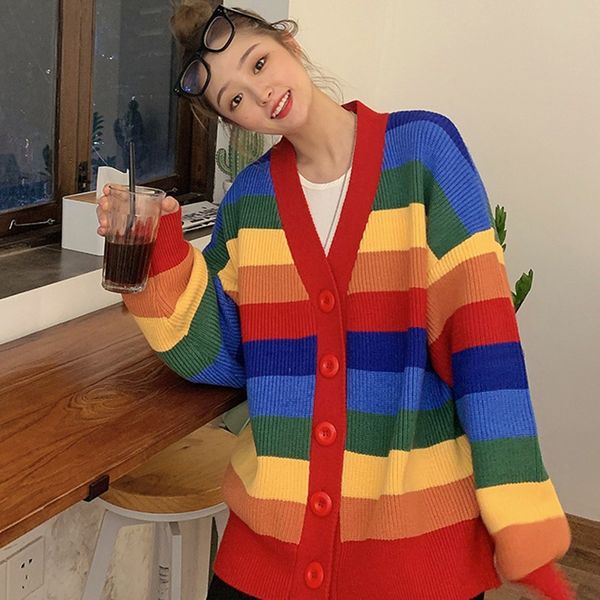 round collar loose rainbow stripes print women elegant winter sweatercardigan long-sleeved coat, White
round collar loose rainbow stripes print women elegant winter sweatercardigan long-sleeved coat, White
