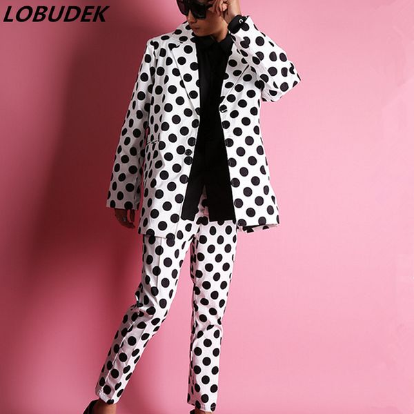 2 piece suits men singer dancer stage costume korean black white dots blazer pants suit nightclub concert performance clothes, White;black
2 piece suits men singer dancer stage costume korean black white dots blazer pants suit nightclub concert performance clothes, White;black