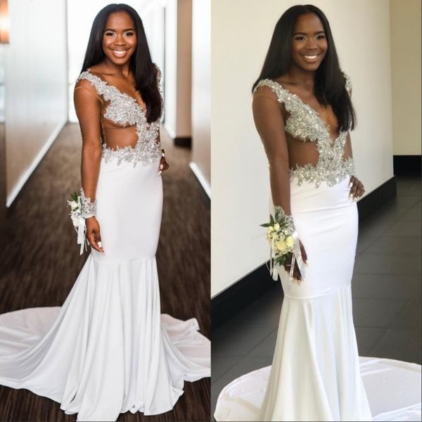 african white mermaid prom dresses long sleeves open back beads sequins appliques beads sweep train non see through evening gowns, Black
african white mermaid prom dresses long sleeves open back beads sequins appliques beads sweep train non see through evening gowns, Black