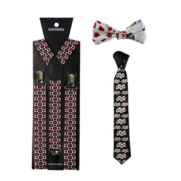 hip hop poker cards suspenders necktie and bowtie set clip-on elastic y-shape back braces suspenders for women men, Black;white