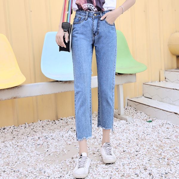 2019 spring summer korea style fashion women straight jeans high waist ankle-length skinny trousers, Blue
2019 spring summer korea style fashion women straight jeans high waist ankle-length skinny trousers, Blue