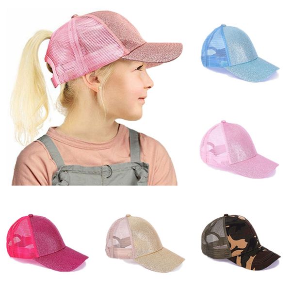 

kids ponytail baseball cap glitter ponytail messy buns mesh breathable trucker pony caps children sun hat outdoor hha1421, Yellow