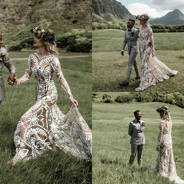 floral long sleeves boho wedding dresses jewel neck lace appliqued a-line bridal dress beach backless sweep train vestidos de novia, White
floral long sleeves boho wedding dresses jewel neck lace appliqued a-line bridal dress beach backless sweep train vestidos de novia, White