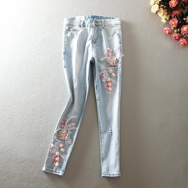 2020 spring summer ripped embroidery beaded jeans woman stretch skinny denim pencil pants r789, Blue
2020 spring summer ripped embroidery beaded jeans woman stretch skinny denim pencil pants r789, Blue