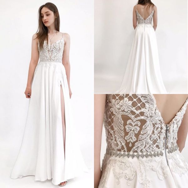 2020 bohemian sleeveless a line split wedding dresses lace satin spaghetti applique beads bridal gowns zipper floor length wedding gowns, White
2020 bohemian sleeveless a line split wedding dresses lace satin spaghetti applique beads bridal gowns zipper floor length wedding gowns, White