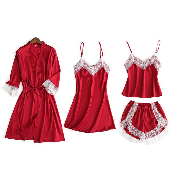 bzel 4 pcs women robe set lace sling dress v-neck nightgown pyjama feminino silk satin solid summer homewear lingerie suit, Black;red
bzel 4 pcs women robe set lace sling dress v-neck nightgown pyjama feminino silk satin solid summer homewear lingerie suit, Black;red