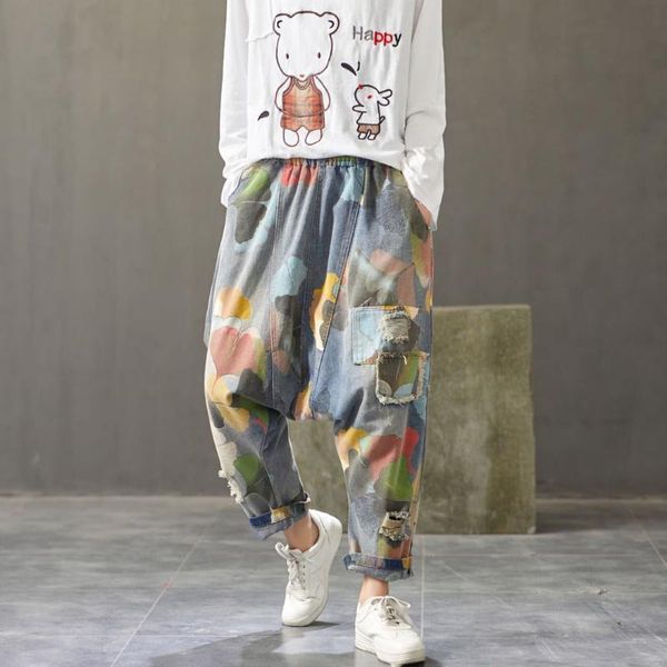 women baggy low crotch denim harem pant plus size retro elastic waist floral printedhip hop cross-pants boyfriend jeans trousers, Blue
women baggy low crotch denim harem pant plus size retro elastic waist floral printedhip hop cross-pants boyfriend jeans trousers, Blue