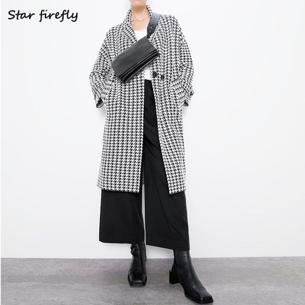 star firefly plaid double buckle pocket long sleeve lapel plaid coat female 2019 casual loose houndstooth long coat women, Black
star firefly plaid double buckle pocket long sleeve lapel plaid coat female 2019 casual loose houndstooth long coat women, Black