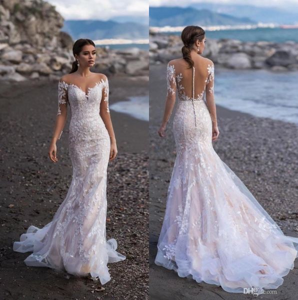 2020 sheer long sleeve lace mermaid beach wedding dresses appliques tulle edge long bridal gown with buttons custom made, White
2020 sheer long sleeve lace mermaid beach wedding dresses appliques tulle edge long bridal gown with buttons custom made, White