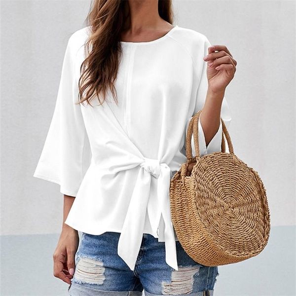 2019 women aurtumn waist tie front blouse bow casual flare sleeve loose shirt solid o-neck summer, White
2019 women aurtumn waist tie front blouse bow casual flare sleeve loose shirt solid o-neck summer, White