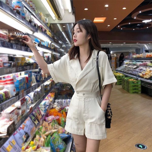 korean lapel high waist denim romper women casual elastic jeans loose jumpsuits pockets short playsuits solid overalls, Black;white 
korean lapel high waist denim romper women casual elastic jeans loose jumpsuits pockets short playsuits solid overalls, Black;white