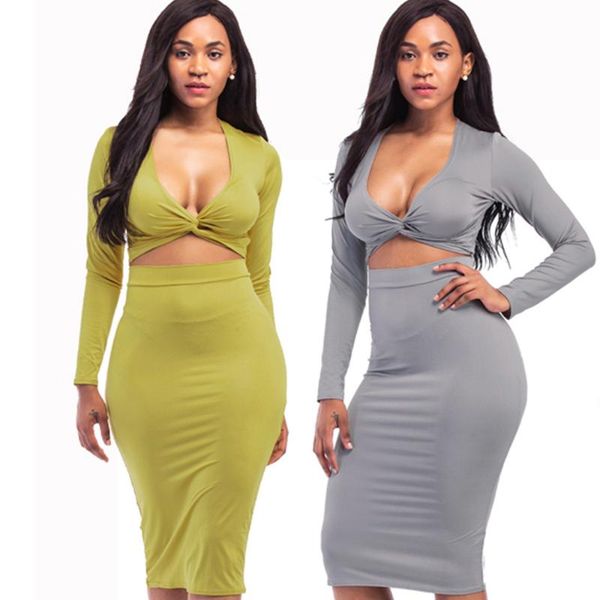 2018 autumn long sleeve 2 two piece sets dress women suit feminino v neck crop and bodycon skirt set two-piece outfits, Gray 
2018 autumn long sleeve 2 two piece sets dress women suit feminino v neck crop and bodycon skirt set two-piece outfits, Gray