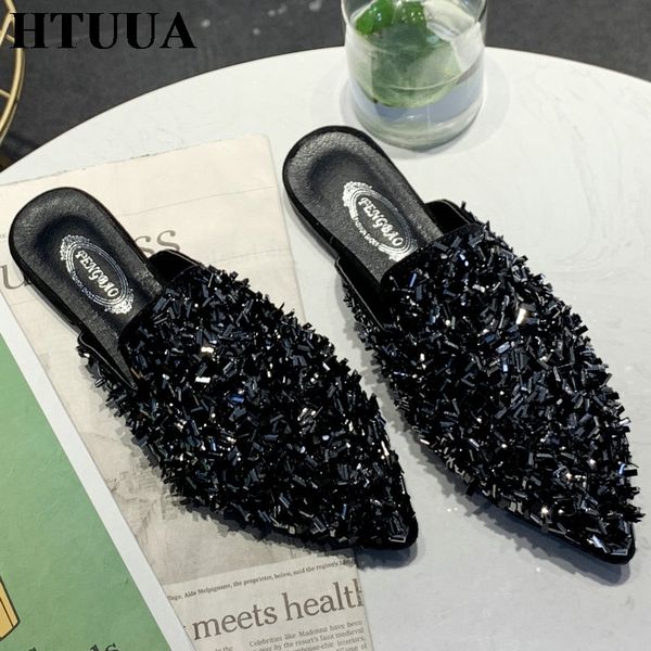 htuua 2019 new shiny crystal slippers women flat mules shoes pointed toe slip-on slides female spring summer sandals sx2202, Black
htuua 2019 new shiny crystal slippers women flat mules shoes pointed toe slip-on slides female spring summer sandals sx2202, Black
