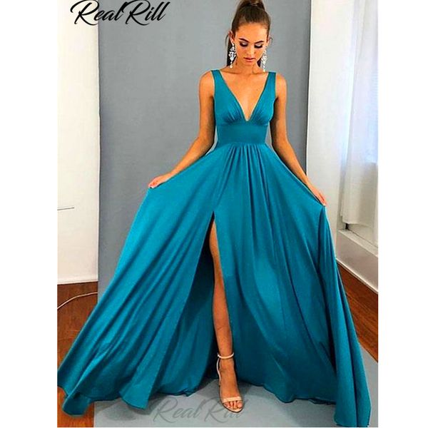 real rill solid color elegant v neck lace up evening dress side split satin a line bridesmaid dress gown, White;black
real rill solid color elegant v neck lace up evening dress side split satin a line bridesmaid dress gown, White;black