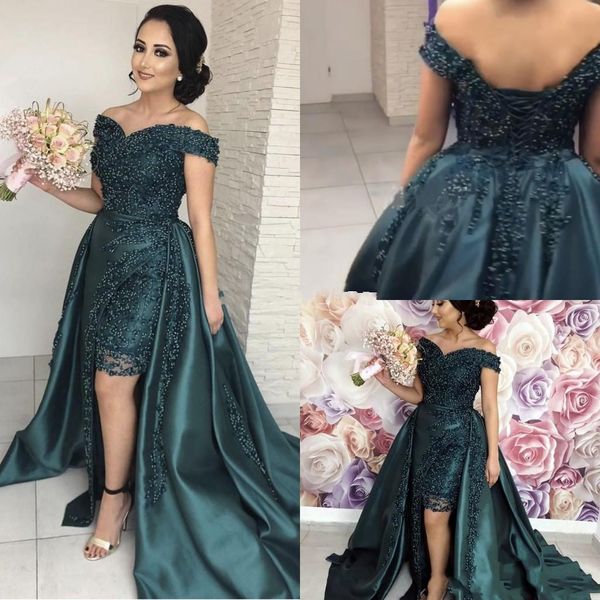 2019 dark green prom dresses mermaid off shoulder lace appliques beaded overskirts high low backless african formal evening party gowns, Black
2019 dark green prom dresses mermaid off shoulder lace appliques beaded overskirts high low backless african formal evening party gowns, Black