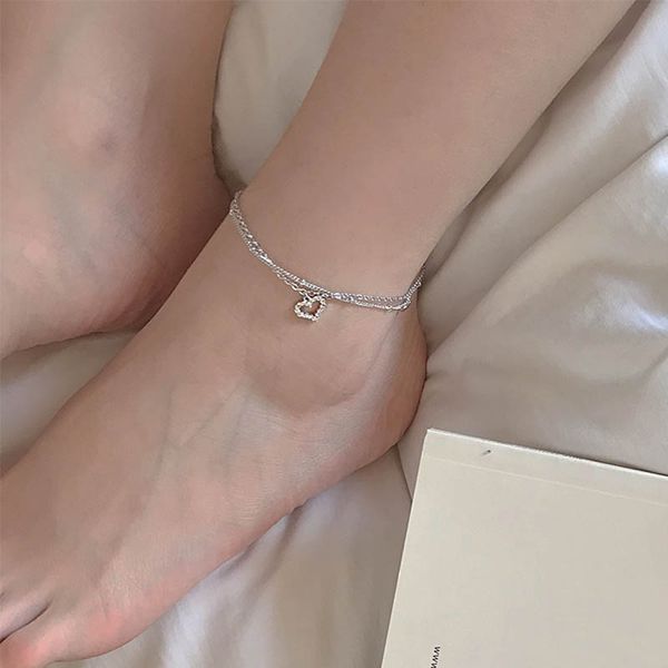 s925 sterling silver heart double-layer smaller design anklet womens korean version of net red simple personalized small fresh style, Red;blue 
s925 sterling silver heart double-layer smaller design anklet womens korean version of net red simple personalized small fresh style, Red;blue