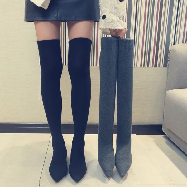 women's pointed shoes square heeled elastic boots fashion over-the-knee boots fashion ladies shoes, Black