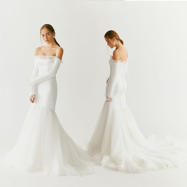mermaid wedding dresses with wrap off shoulder long sleeve ruffles satin wedding dress sweep train bridal gown, White
mermaid wedding dresses with wrap off shoulder long sleeve ruffles satin wedding dress sweep train bridal gown, White
